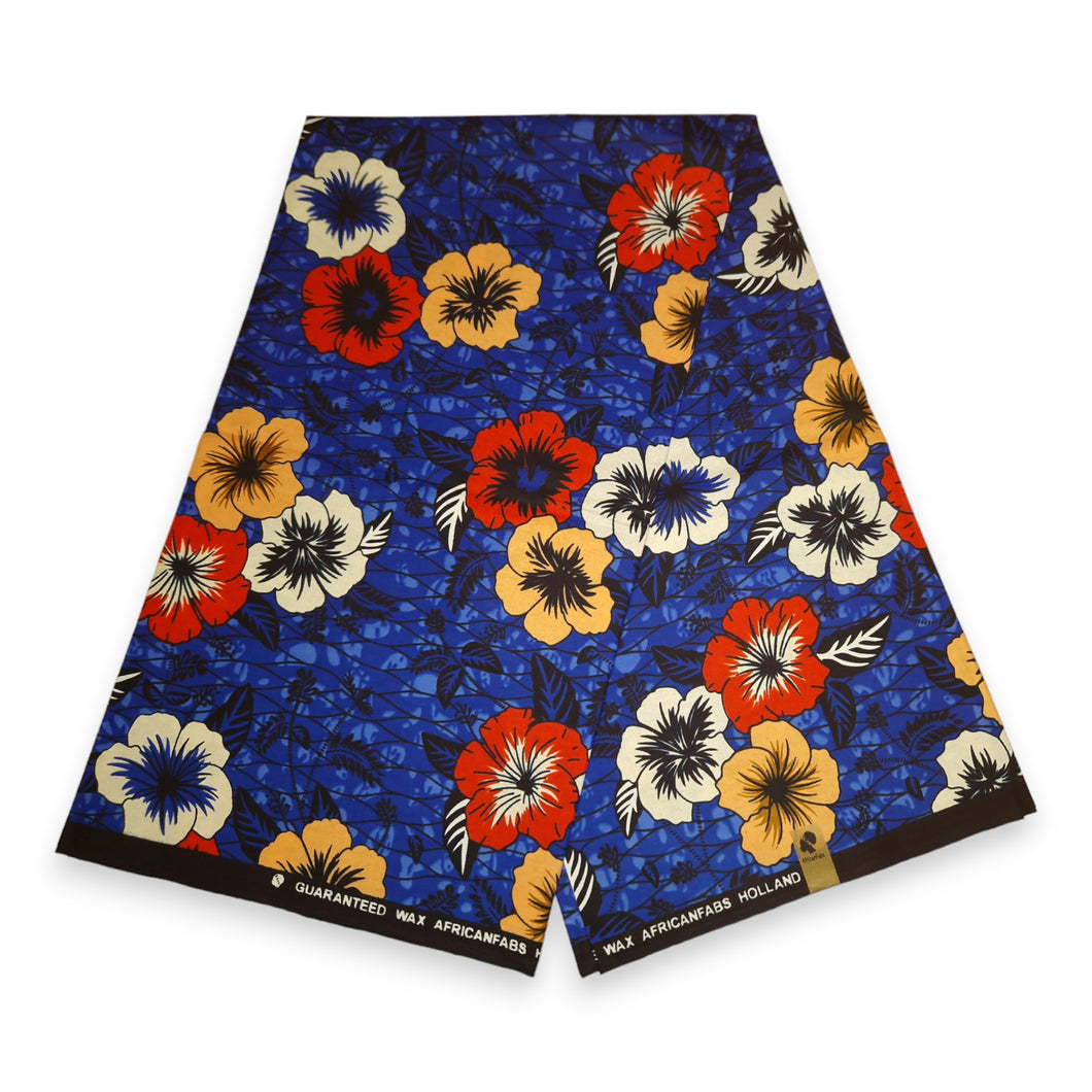 6 Yards - Afrikanischer Druckstoff - Blaue Blumen - 100 % Baumwolle