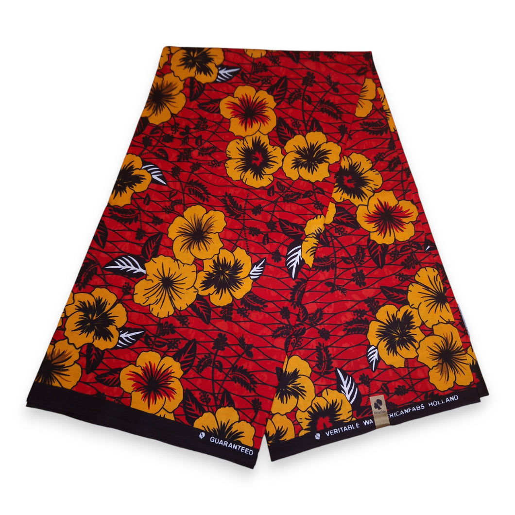 6 Yards - Afrikanischer Druckstoff - Rote Blumen - 100 % Baumwolle