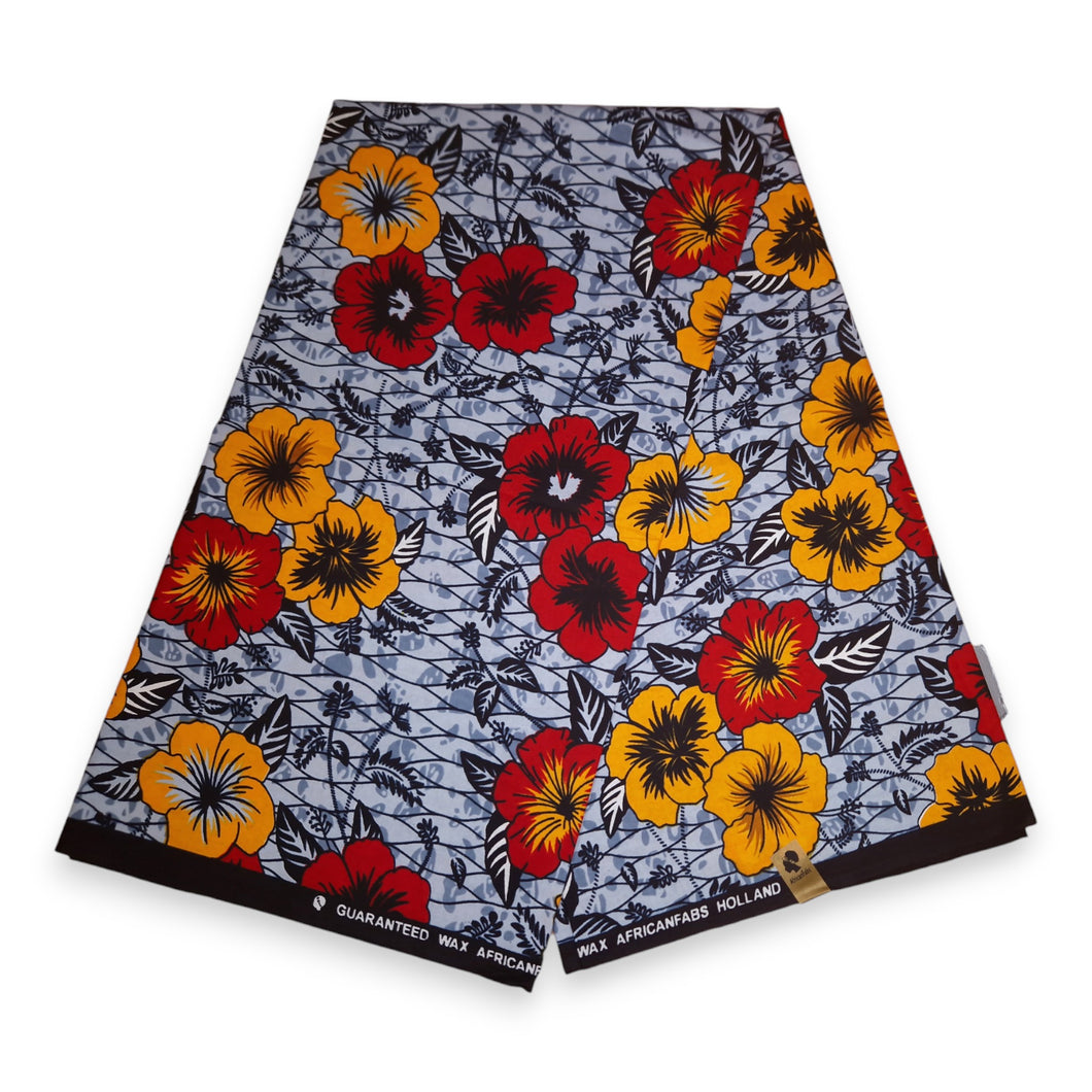 6 Yards - Afrikanischer Druckstoff - Hellgraue Blumen - 100 % Baumwolle