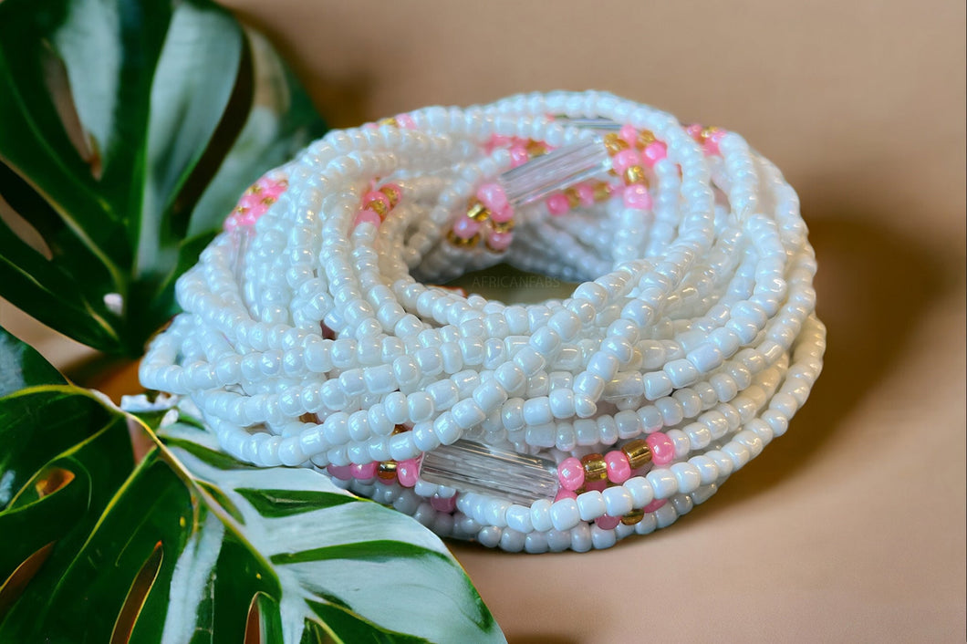 Perles de taille 3 en 1 / Chaîne de hanche africaine - ABEBI - Rose / Blanc (élastique)