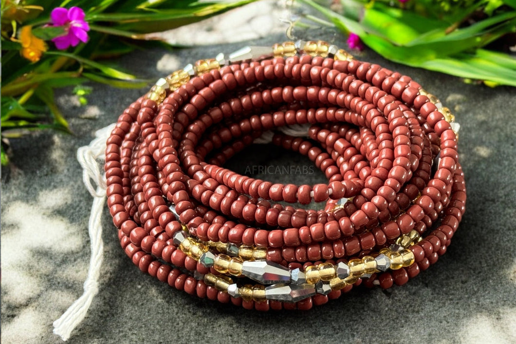 Perles de Taille / Chaîne de Hanche Africaine - Abinéné - Marron/doré (Ficelle Traditionnelle non élastique)