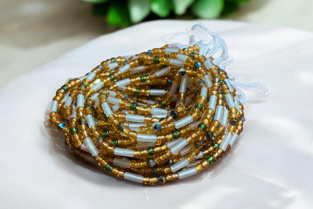 Waist Beads / African Hip Chain - Uche - Gold / white (Traditional non-elastic string)