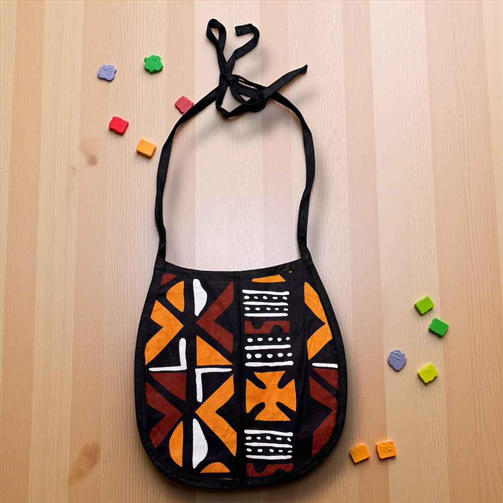 African Print Baby Bib - Brown Cross Bogolan (Unisex)