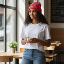 Load image into Gallery viewer, African Print Beanie / Winter hat  - Red White Bogolan
