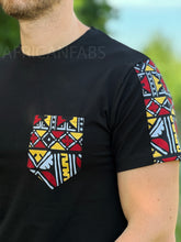 Charger l&#39;image dans la galerie, T-shirt avec détails imprimés africains - manches bogolan et poche poitrine rouge châtain
