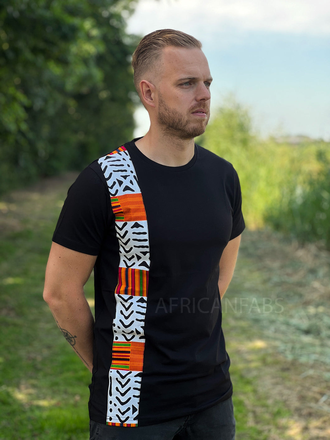 T-shirt with African print details -  white bogolan kente band