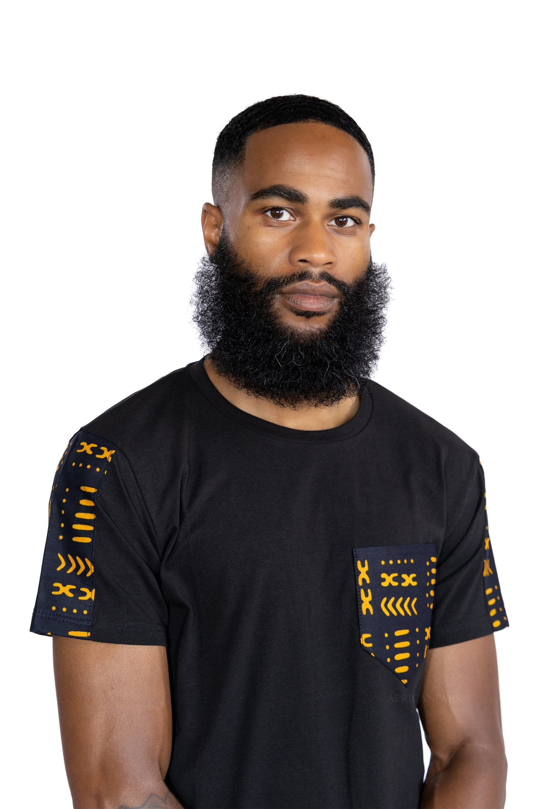 T-shirt with African print details - Yellow Bogolan pocket