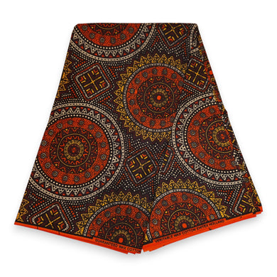 6 Yards - African Wax print fabric - Orange and Brown Sacred Circle Patterns - 100% cotton