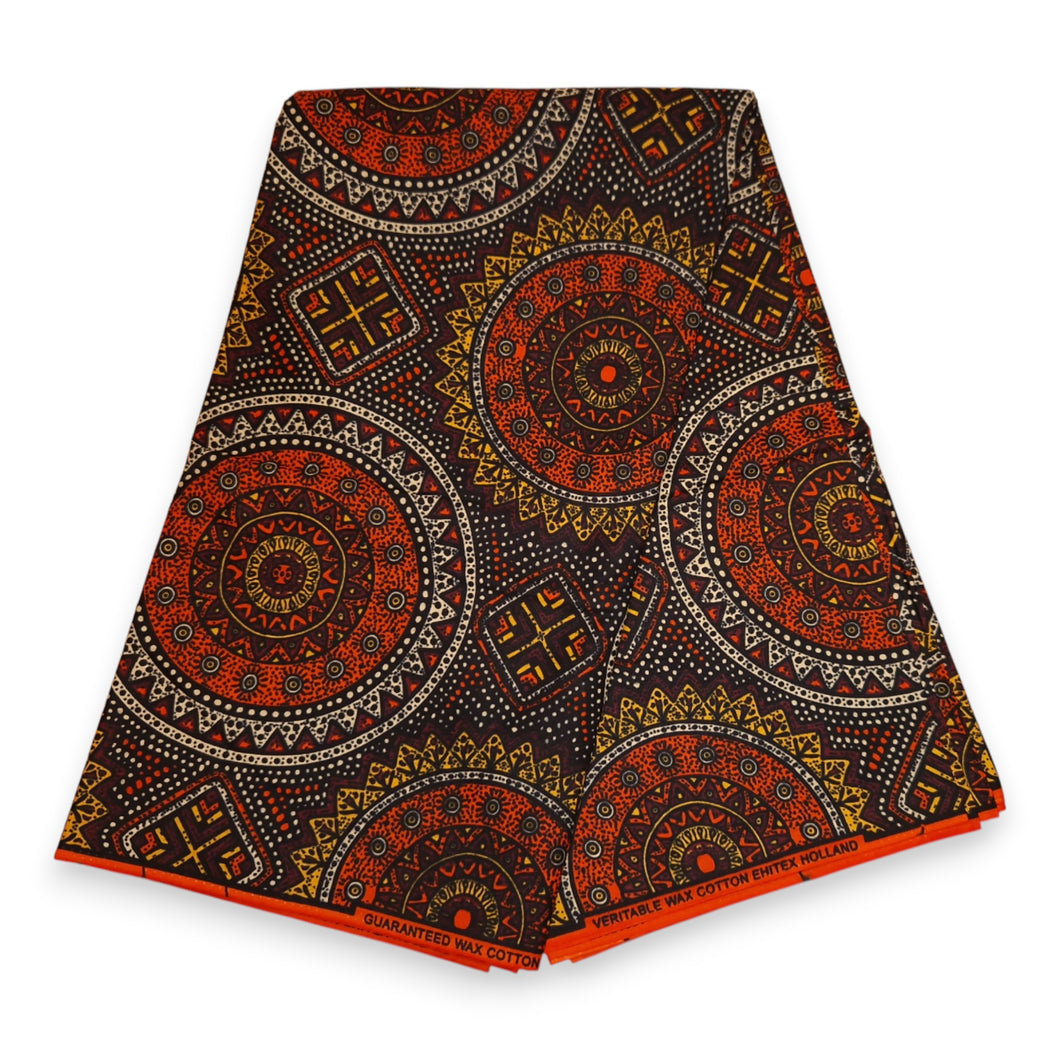 6 Yards - African Wax print fabric - Orange and Brown Sacred Circle Patterns - 100% cotton