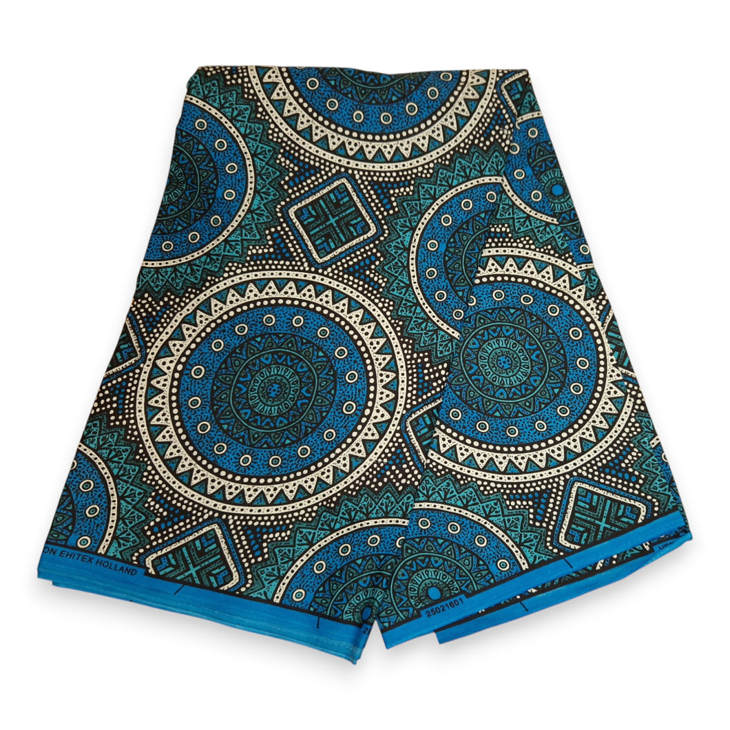 6 Yards - African Wax print fabric - Blue and Teal Sacred Circle Patterns - 100% cotton