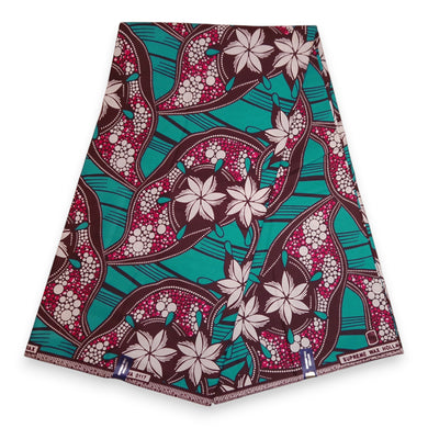 6 Yards - African Wax print fabric - Teal and Brown Whispering Flower Vines - 100% cotton