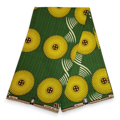 6 Yards - African Wax print fabric - Green and Yellow Radiant Sun Spirals - 100% cotton