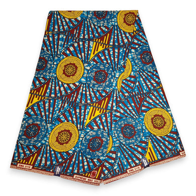 6 Yards - African Wax print fabric - Blue and Yellow Circle Rays - 100% cotton