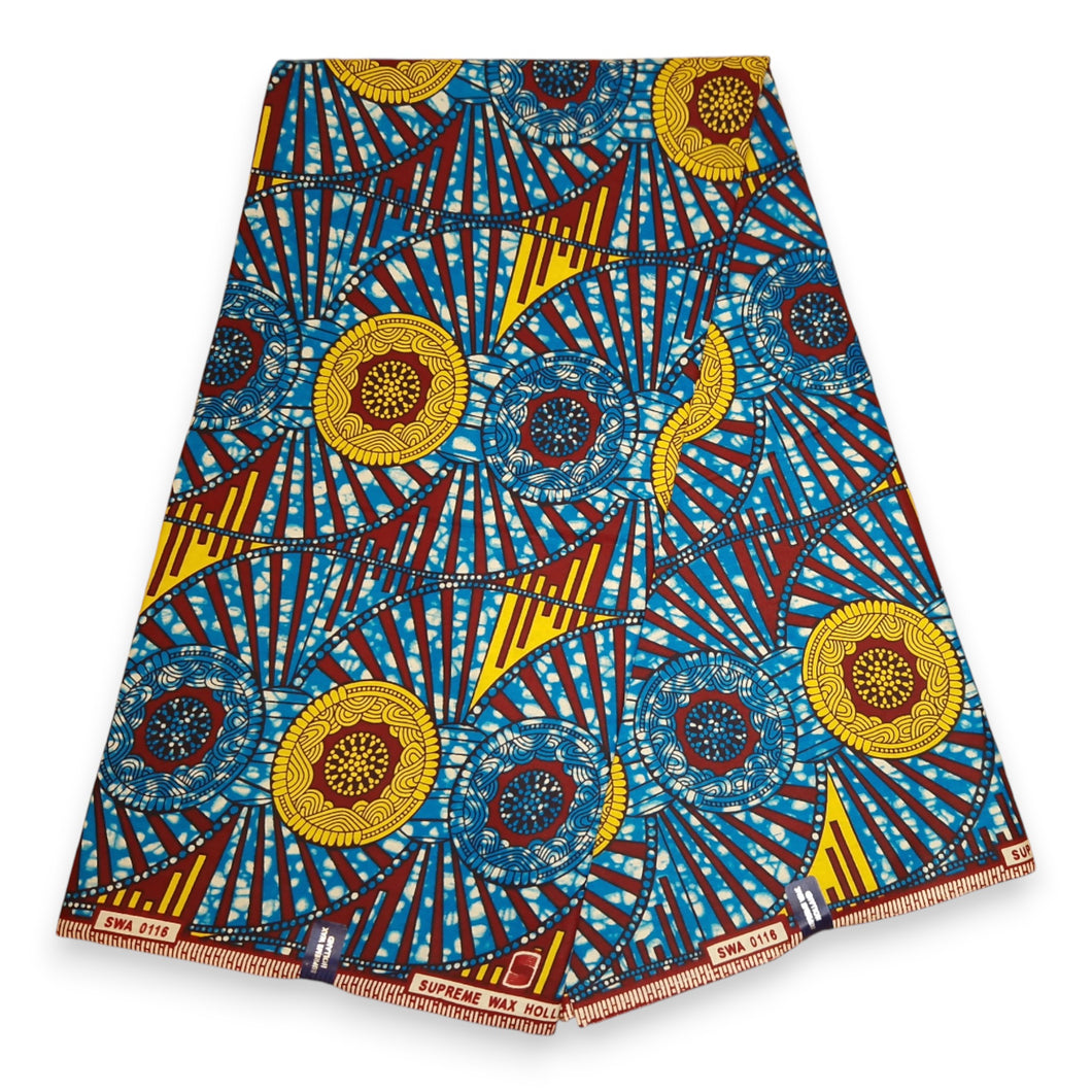 6 Yards - African Wax print fabric - Blue and Yellow Circle Rays - 100% cotton