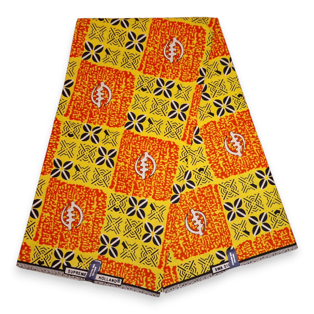 6 Yards - African Wax print fabric - Yellow and Orange Tribal Squares - 100% cotton