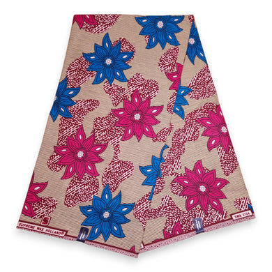 6 Yards - African Wax print fabric - Beige and Pink Large Flowers - 100% cotton