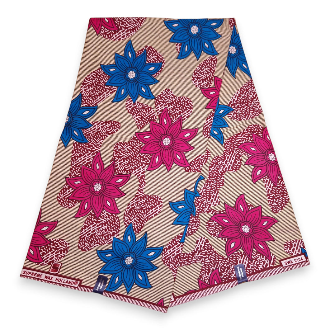 6 Yards - African Wax print fabric - Beige and Pink Large Flowers - 100% cotton
