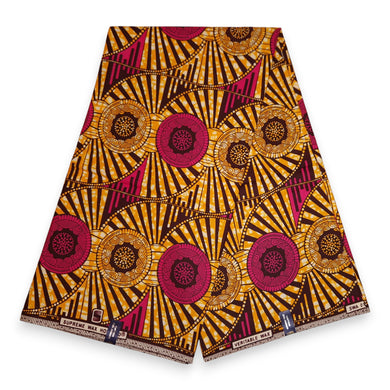 6 Yards - African Wax print fabric - Brown and Yellow Circle Rays - 100% cotton