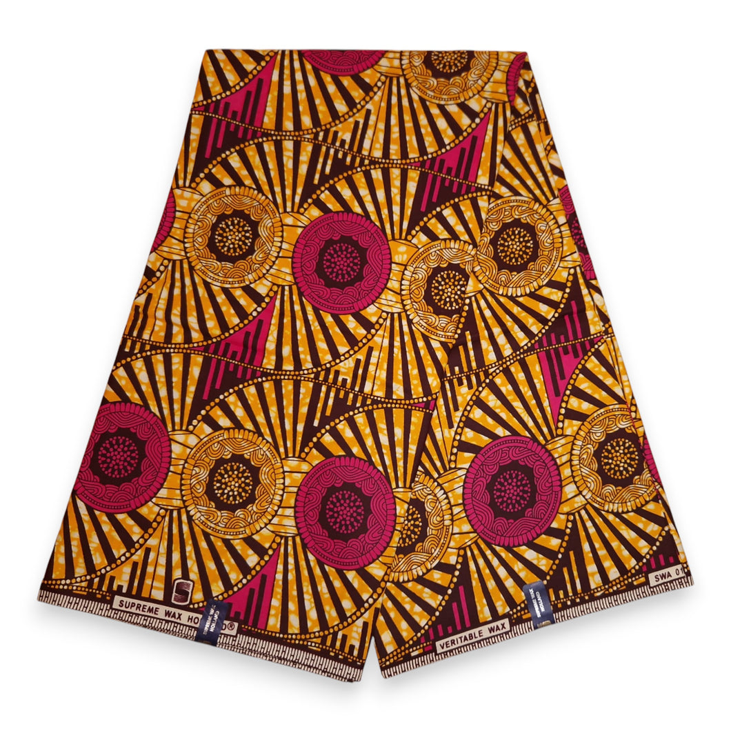 6 Yards - African Wax print fabric - Brown and Yellow Circle Rays - 100% cotton