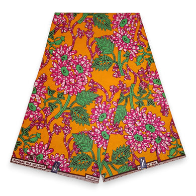 6 Yards - African Wax print fabric - Orange and Pink Floral Vines - 100% cotton
