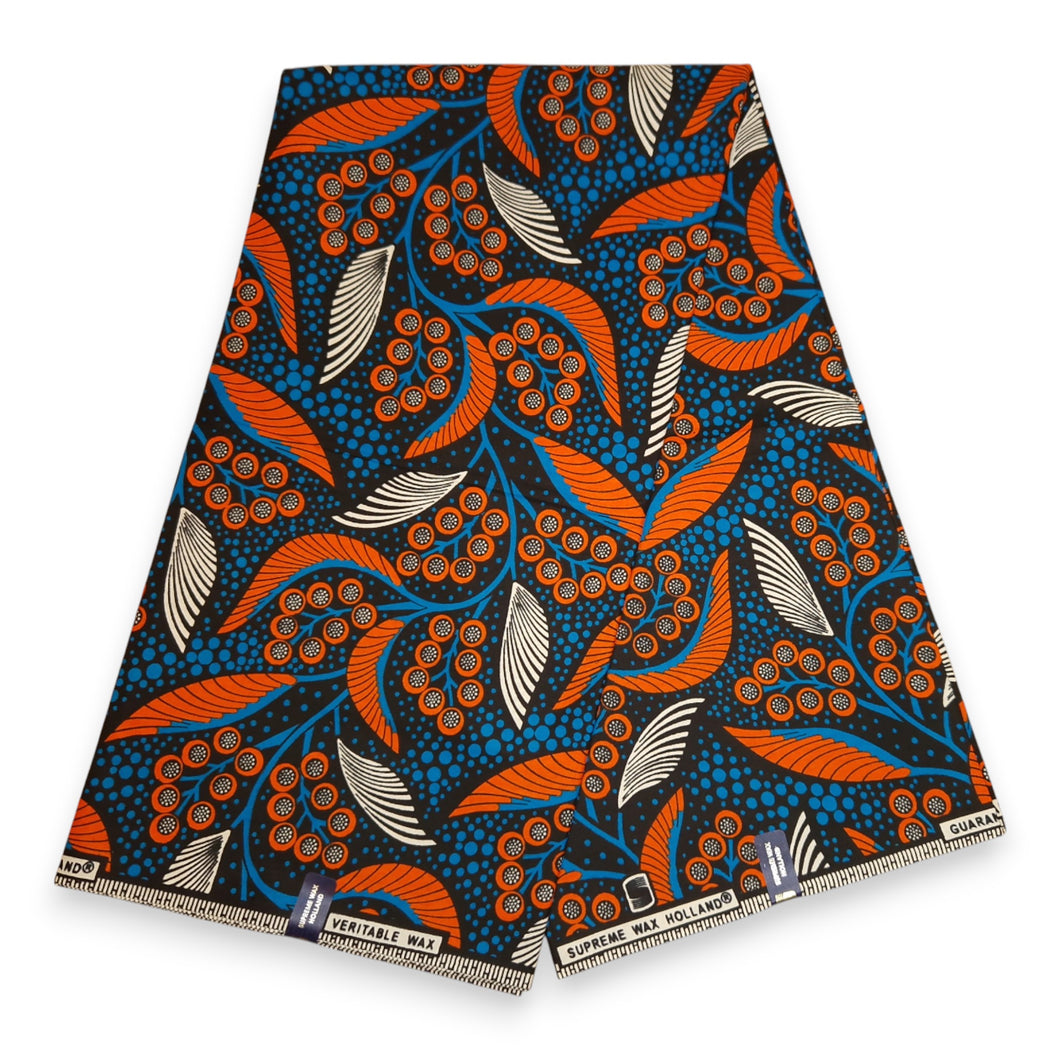 6 Yards - African Wax print fabric - Blue and Orange Leaves And Berries - 100% cotton
