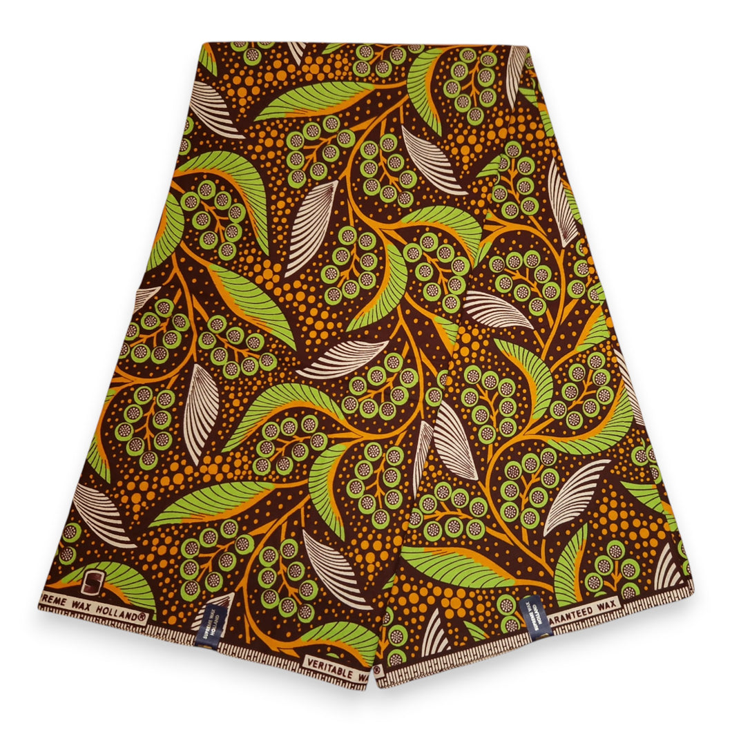 6 Yards - African Wax print fabric - Brown and Green Leaves And Berries - 100% cotton