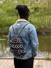 Load image into Gallery viewer, African Print Drawstring Bag / Gym Sack / School bag / Ankara Backpack / Festival Bag - Black white bogolan
