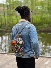 Load image into Gallery viewer, African Print Drawstring Bag / Gym Sack / School bag / Ankara Backpack / Festival Bag - Yellow / orange bogolan
