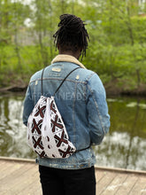 Load image into Gallery viewer, African Print Drawstring Bag / Gym Sack / School bag / Ankara Backpack / Festival Bag - White / brown bogolan
