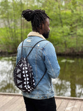 Load image into Gallery viewer, African Print Drawstring Bag / Gym Sack / School bag / Ankara Backpack / Festival Bag - Black / white bogolan
