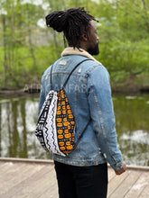 Load image into Gallery viewer, African Print Drawstring Bag / Gym Sack / School bag / Ankara Backpack / Festival Bag - White / orange bogolan
