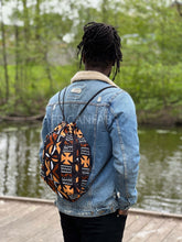 Load image into Gallery viewer, African Print Drawstring Bag / Gym Sack / School bag / Ankara Backpack / Festival Bag -  Black / brown bogolan

