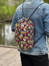 Load image into Gallery viewer, African Print Drawstring Bag / Gym Sack / School bag / Ankara Backpack / Festival Bag -  Yellow / burgundy bogolan
