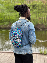 Load image into Gallery viewer, African Print Drawstring Bag / Gym Sack / School bag / Ankara Backpack / Festival Bag -  Blue bogolan
