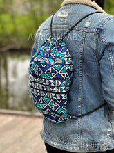 Load image into Gallery viewer, African Print Drawstring Bag / Gym Sack / School bag / Ankara Backpack / Festival Bag -  Blue bogolan
