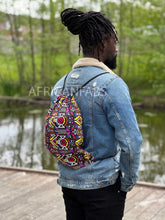 Load image into Gallery viewer, African Print Drawstring Bag / Gym Sack / School bag / Ankara Backpack / Festival Bag -  Yellow / purple bogolan
