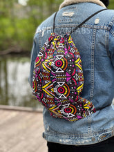 Load image into Gallery viewer, African Print Drawstring Bag / Gym Sack / School bag / Ankara Backpack / Festival Bag -  Yellow / purple bogolan

