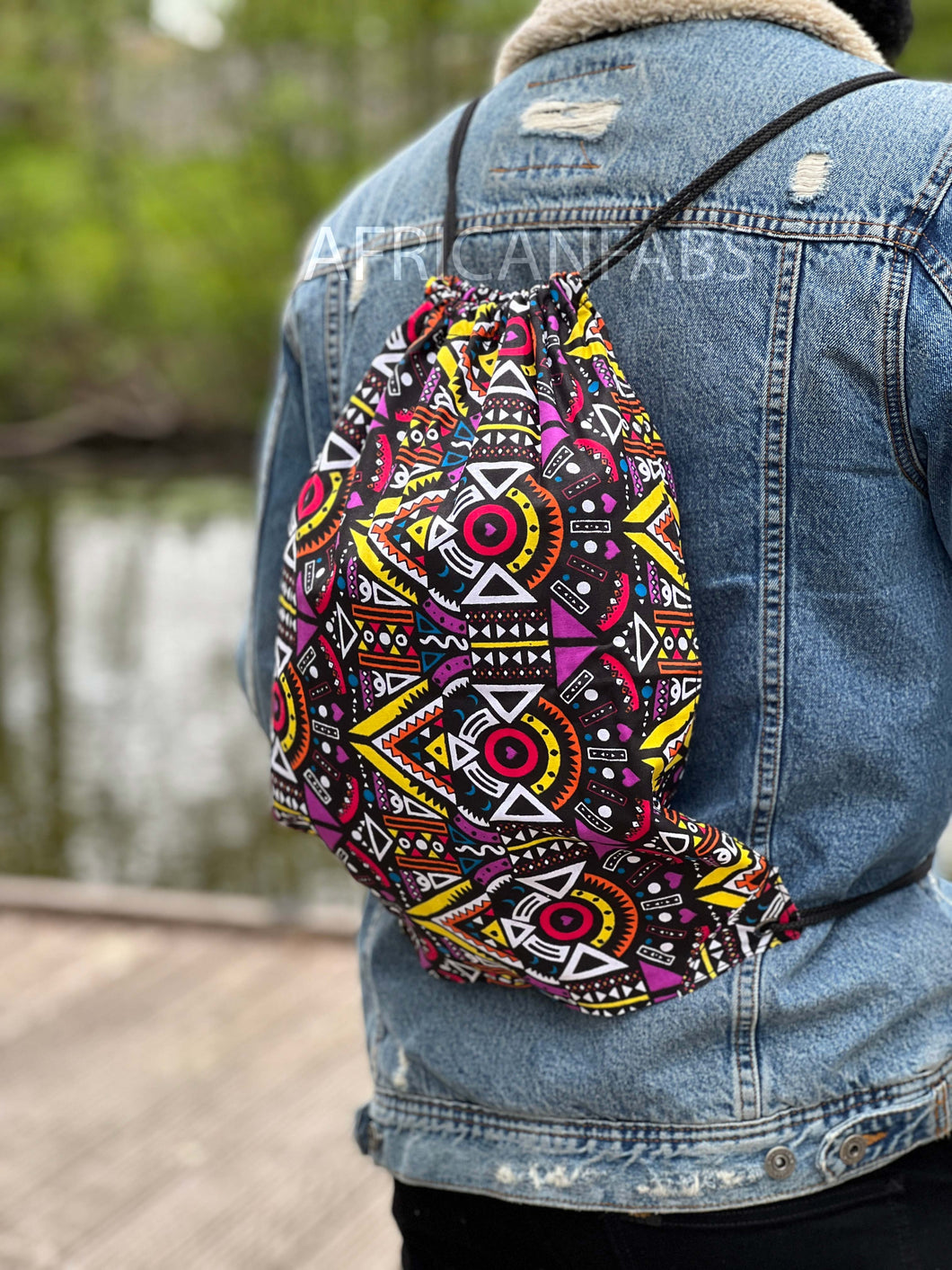 African Print Drawstring Bag / Gym Sack / School bag / Ankara Backpack / Festival Bag -  Yellow / purple bogolan