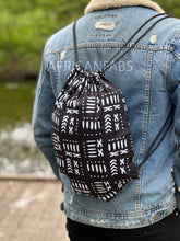 Load image into Gallery viewer, African Print Drawstring Bag / Gym Sack / School bag / Ankara Backpack / Festival Bag -  Black / white bogolan
