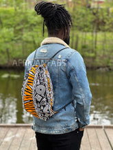 Load image into Gallery viewer, African Print Drawstring Bag / Gym Sack / School bag / Ankara Backpack / Festival Bag -  Orange / white bogolan
