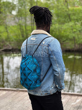 Load image into Gallery viewer, African Print Drawstring Bag / Gym Sack / School bag / Ankara Backpack / Festival Bag -  Blue fade
