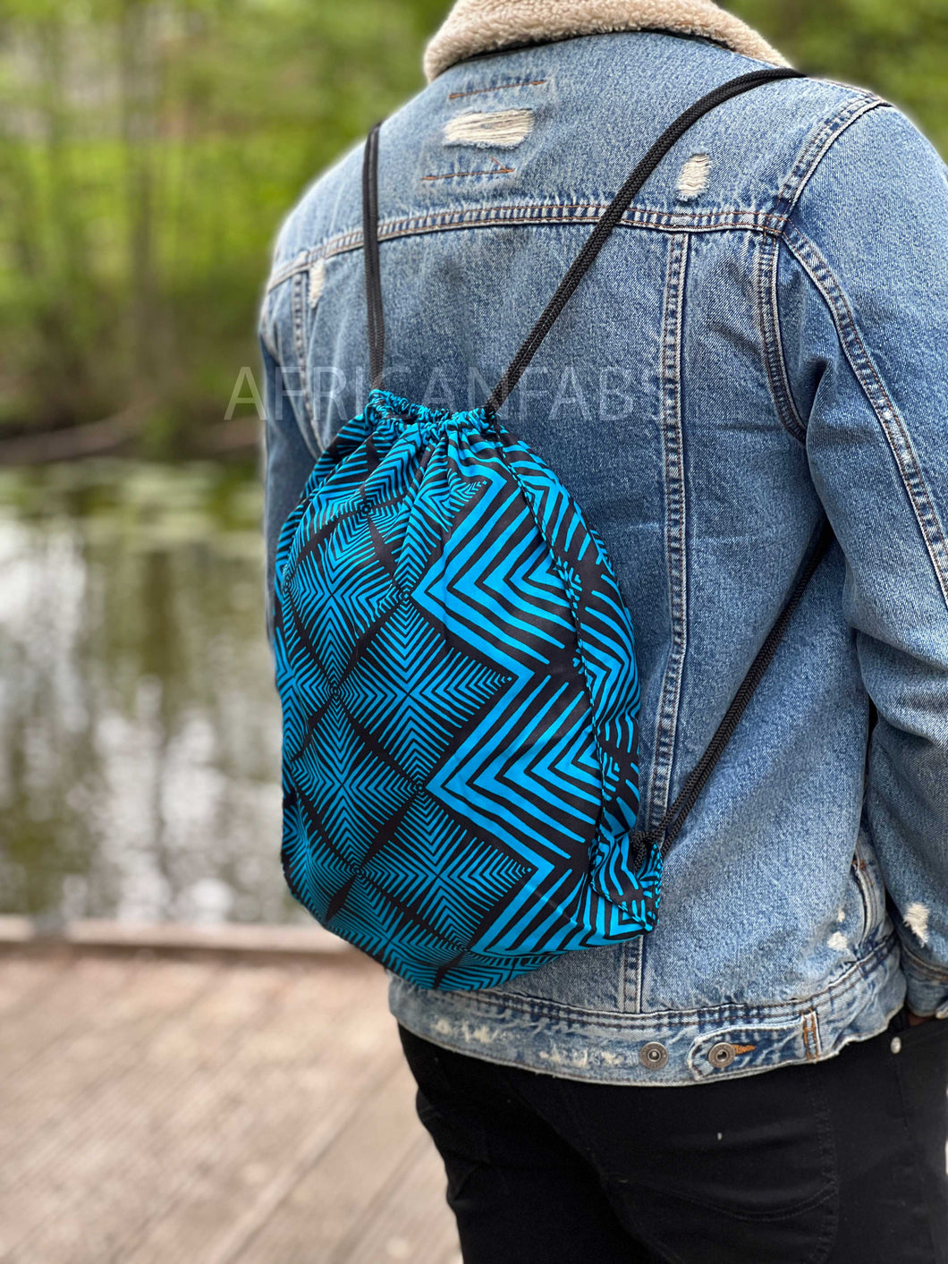 African Print Drawstring Bag / Gym Sack / School bag / Ankara Backpack / Festival Bag -  Blue fade