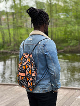 Load image into Gallery viewer, African Print Drawstring Bag / Gym Sack / School bag / Ankara Backpack / Festival Bag -  Orange / peach bogolan

