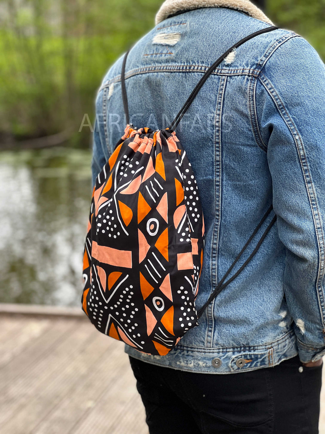 African Print Drawstring Bag / Gym Sack / School bag / Ankara Backpack / Festival Bag -  Orange / peach bogolan