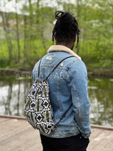 Load image into Gallery viewer, African Print Drawstring Bag / Gym Sack / School bag / Ankara Backpack / Festival Bag -  White / green bogolan
