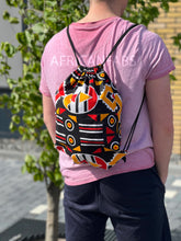Load image into Gallery viewer, African Print Drawstring Bag / Gym Sack / School bag / Ankara Backpack / Festival Bag -  Black / red bogolan
