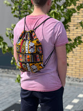Load image into Gallery viewer, African Print Drawstring Bag / Gym Sack / School bag / Ankara Backpack / Festival Bag -  Orange / yellow bogolan

