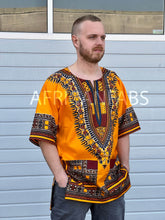 Load image into Gallery viewer, Orange Dashiki Shirt / Dashiki Dress - African print top - Unisex - Vlisco

