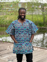Load image into Gallery viewer, Blue / white Bogolan Dashiki Shirt / Dashiki Dress - African print top - Unisex
