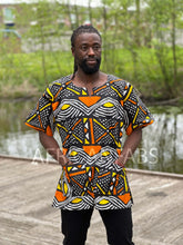 Lade das Bild in den Galerie-Viewer, Black / yellow / orange Bogolan Dashiki Shirt / Dashiki Dress - African print top - Unisex

